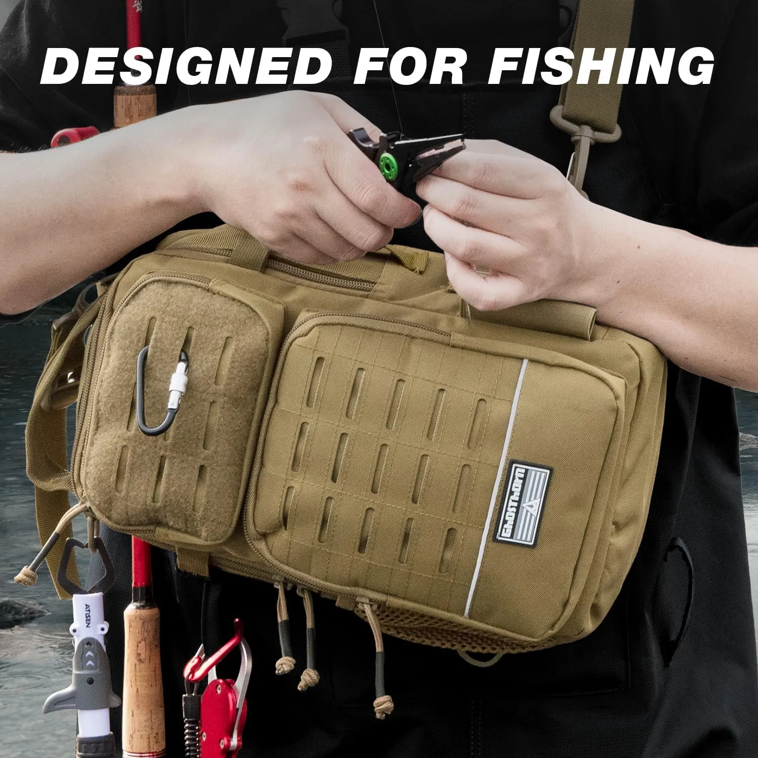 Ghosthorn Fishing Backpack with Rod Holder - Tackle Sling Bag - Fly Fishing Gifts for Men and Women