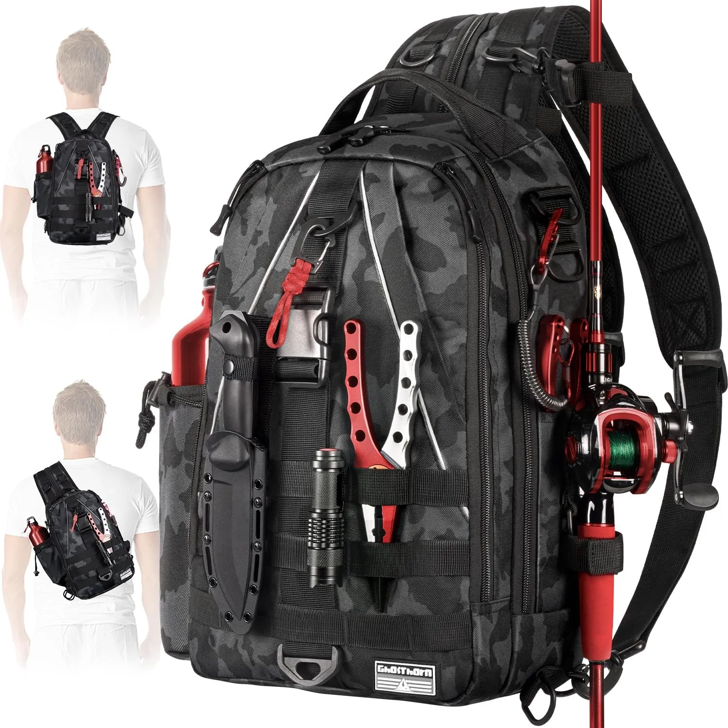 Ghosthorn Fishing Backpack with Rod Holder - Tackle Sling Bag - Fly Fishing Gifts for Men and Women