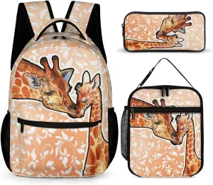 Giraffe Backpack with Lunch Box & Pencil Case, 16 Inch Cute Giraffes Themed Bookbag, Adjustable Lightweight Large Capacity, Colorful Daily Casual Backpacks Set with Lunch Bag