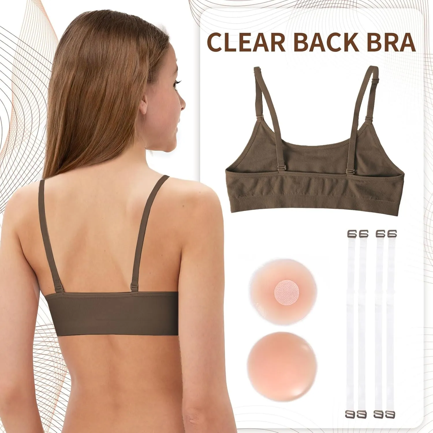 Girl Dance Bra - Seamless Wireless Elastic Bras with 2 Pair Adjustable Replace Clear Straps Silicone Covers