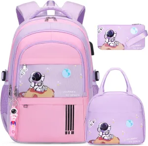 Girls' Backpack - Schoolbag for Kids & Teens, Waterproof & Lightweight, Elementary to Middle School, Casual Daypack with Lunch Bag Set