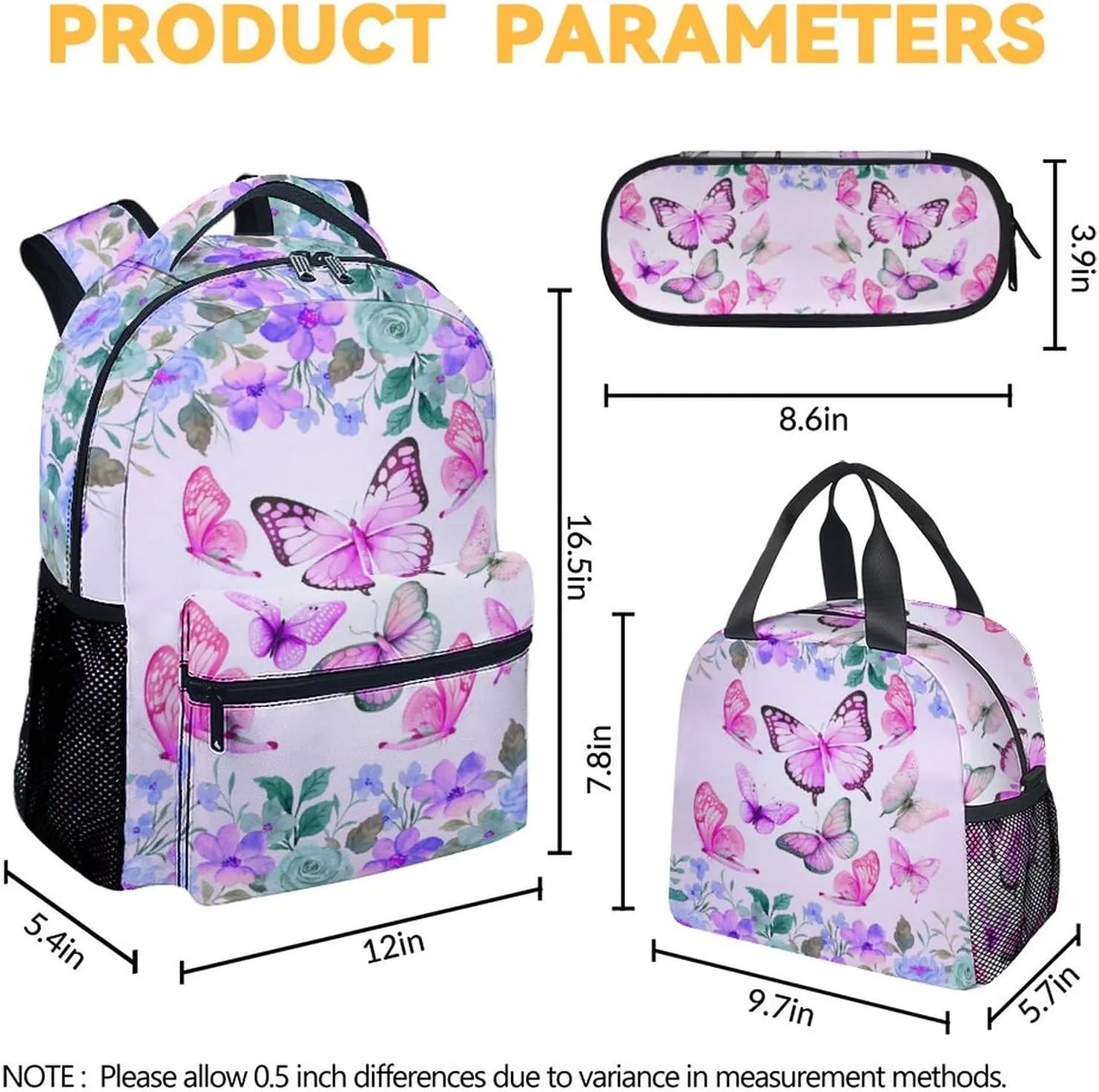 Girls Backpack Set with Lunch Box Pencil Case, Cute Butterfly Backpacks for Kids, Set of 3 Pink Bookbag Lunch Bag Pencil Pouch Matching Combo for School Elementary, Aesthetic School Suppies
