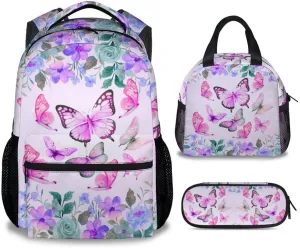 Girls Backpack Set with Lunch Box Pencil Case, Cute Butterfly Backpacks for Kids, Set of 3 Pink Bookbag Lunch Bag Pencil Pouch Matching Combo for School Elementary, Aesthetic School Suppies