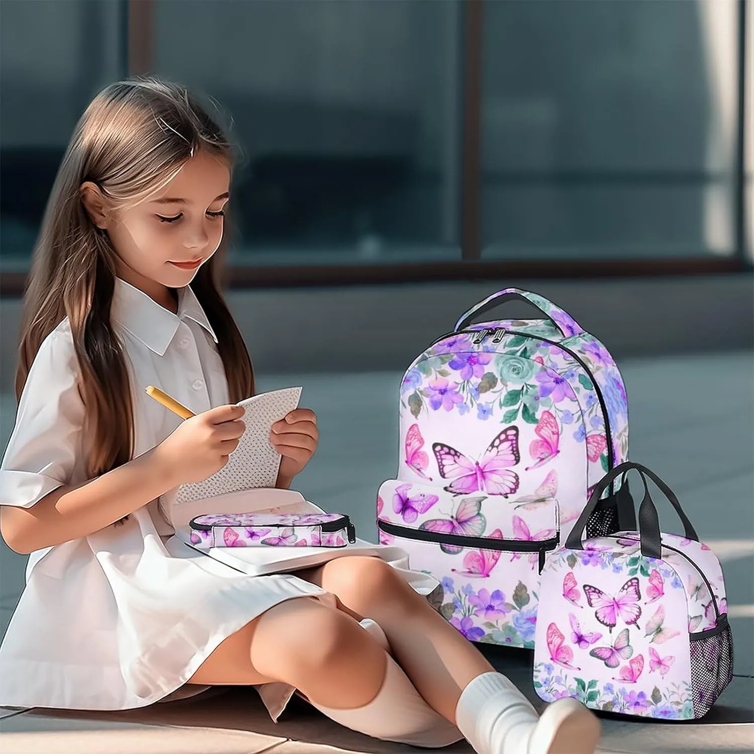 Girls Backpack Set with Lunch Box Pencil Case, Cute Butterfly Backpacks for Kids, Set of 3 Pink Bookbag Lunch Bag Pencil Pouch Matching Combo for School Elementary, Aesthetic School Suppies