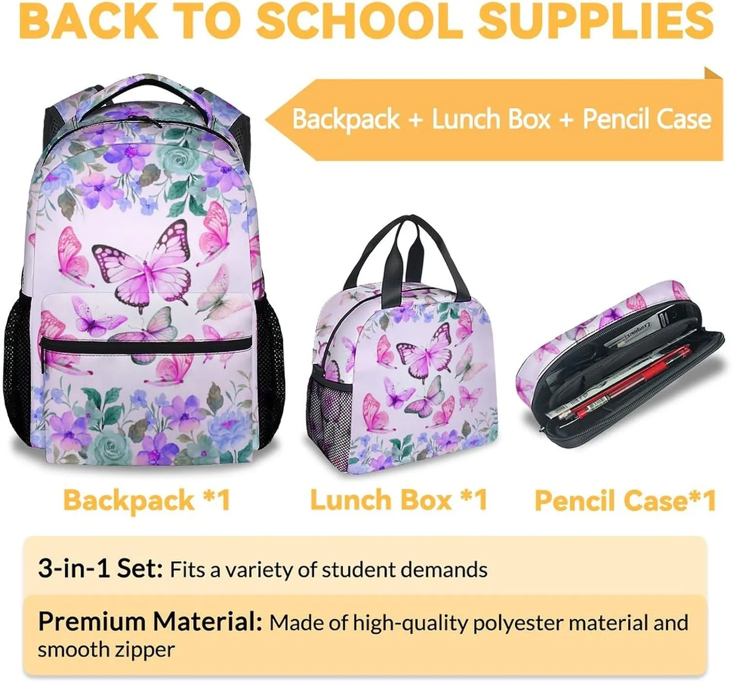 Girls Backpack Set with Lunch Box Pencil Case, Cute Butterfly Backpacks for Kids, Set of 3 Pink Bookbag Lunch Bag Pencil Pouch Matching Combo for School Elementary, Aesthetic School Suppies