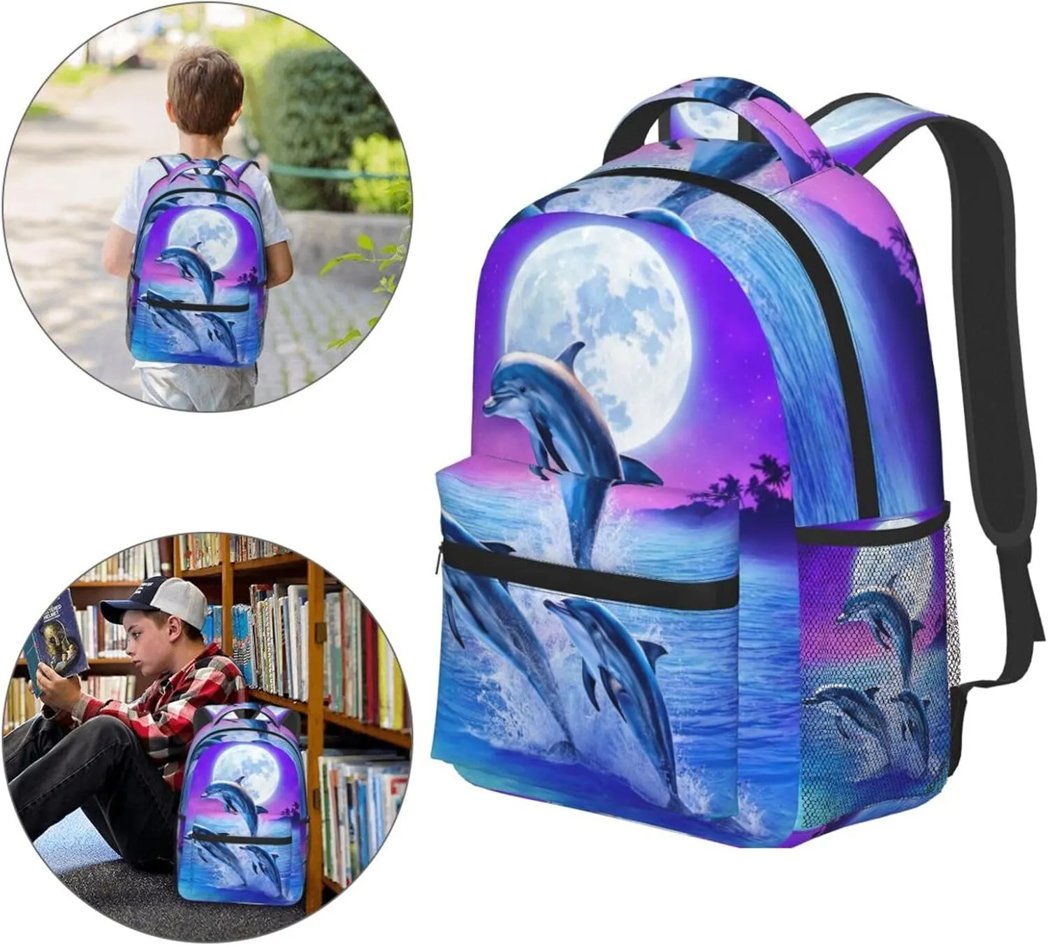 Girls Fantasy Galaxy Moon Dolphin Backpack Bookbag 16 Inch Shoulder Bag Daypack For 1-5th Grade