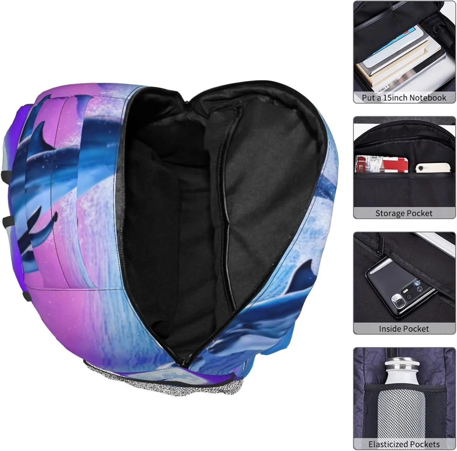 Girls Fantasy Galaxy Moon Dolphin Backpack Bookbag 16 Inch Shoulder Bag Daypack For 1-5th Grade