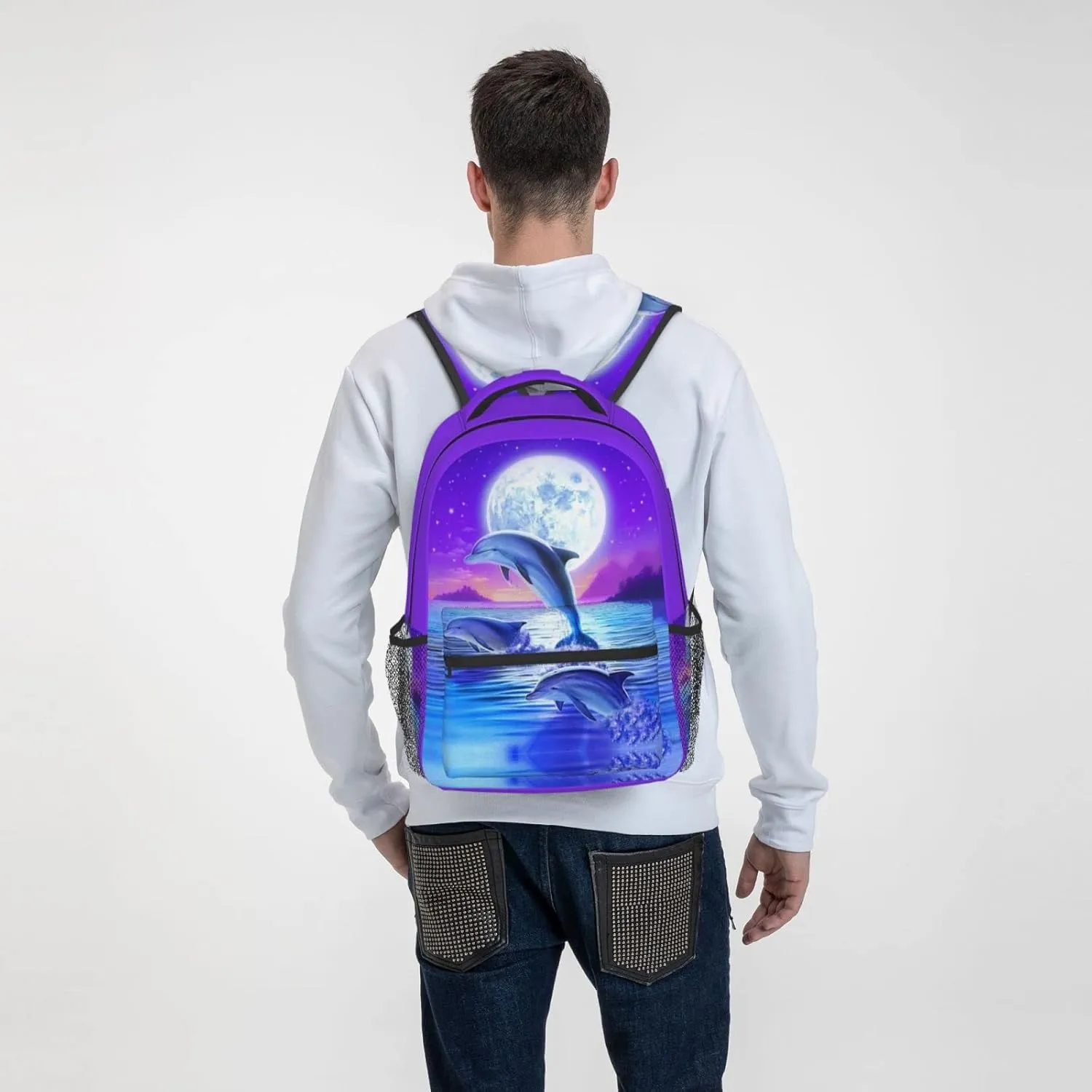 Girls Fantasy Galaxy Moon Dolphin Backpack Bookbag 16 Inch Shoulder Bag Daypack For 1-5th Grade