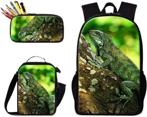 GiveMeBag Cool Lizard Print Backpack Shoulder Bookbag Sling Lunch Bag for Children Portable Cooler Bag Boys Bagpack Pencil Case Animal