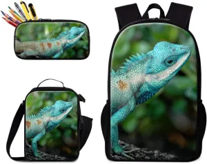 GiveMeBag Cool Lizard Print Backpack Shoulder Bookbag Sling Lunch Bag for Children Portable Cooler Bag Boys Bagpack Pencil Case Animal
