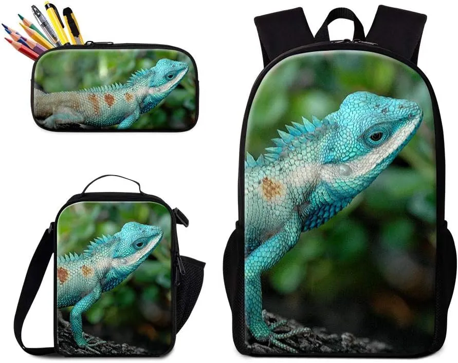 GiveMeBag Cool Lizard Print Backpack Shoulder Bookbag Sling Lunch Bag for Children Portable Cooler Bag Boys Bagpack Pencil Case Animal