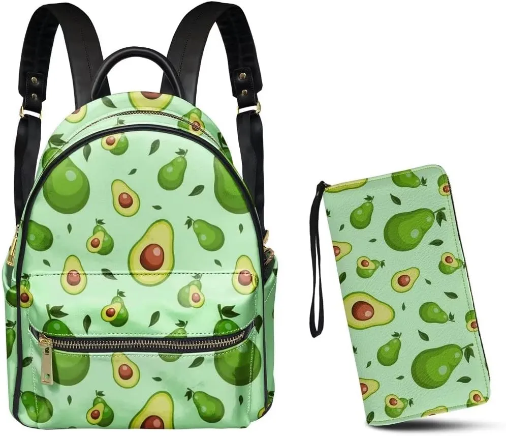 GLENLCWE Avocado Zipper Wallet Handbag and Women’s Fashion Backpack Purse Anti theft Mini Daypack Zipper Closure Shoulder Bag,Set of 2