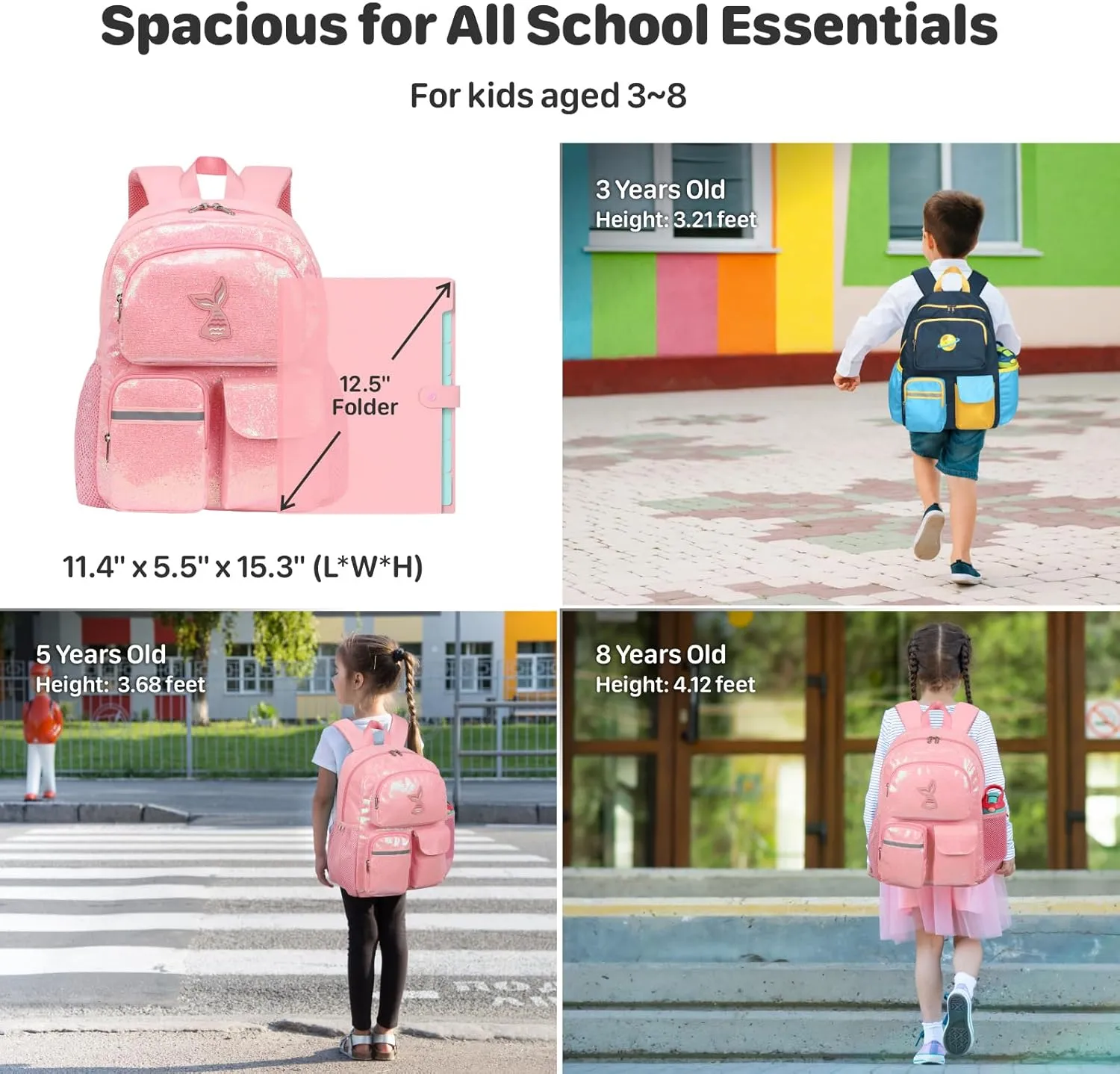 Glitter Kids Backpack for Girls - 15 Inch Backpack for Preschool Kindergarten Elementary 1st 2nd Grade, Lightweight School Bookbag for Girls 3 to 8, Glitter Pink