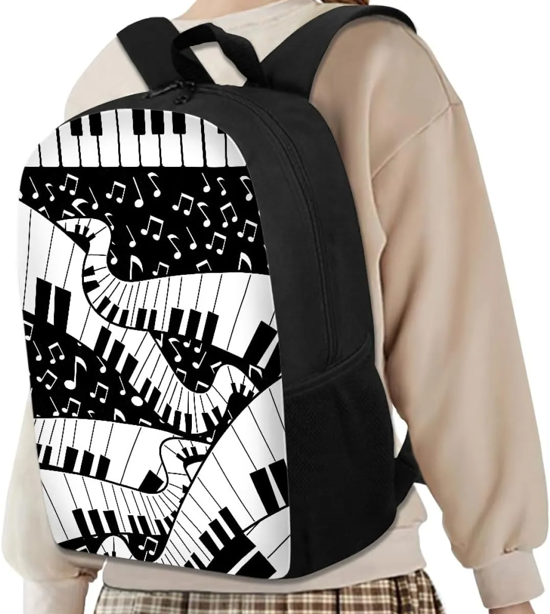 GLUDEAR Canvas Backpack Cute Black White Piano Keys Print Lightweight Teen Girls Backpacks School Book Bags,Creative Music Notes