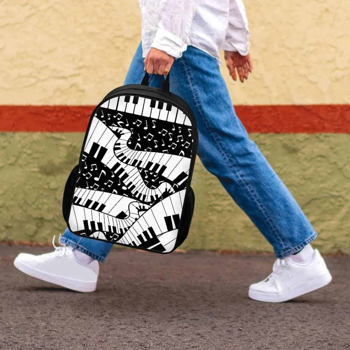 GLUDEAR Canvas Backpack Cute Black White Piano Keys Print Lightweight Teen Girls Backpacks School Book Bags,Creative Music Notes