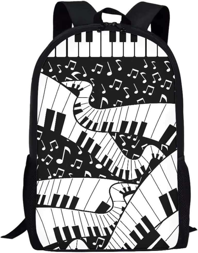 GLUDEAR Canvas Backpack Cute Black White Piano Keys Print Lightweight Teen Girls Backpacks School Book Bags,Creative Music Notes