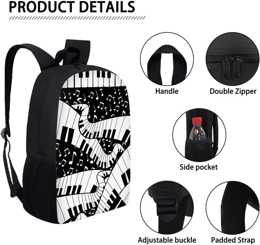 GLUDEAR Canvas Backpack Cute Black White Piano Keys Print Lightweight Teen Girls Backpacks School Book Bags,Creative Music Notes