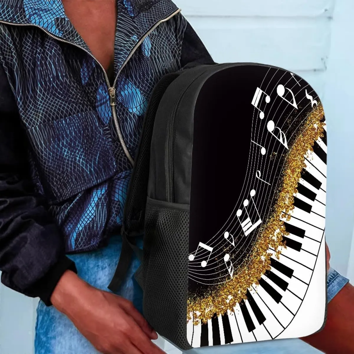 GLUDEAR Canvas Backpack Cute Black White Piano Keys Print Lightweight Teen Girls Backpacks School Book Bags,Music Notes