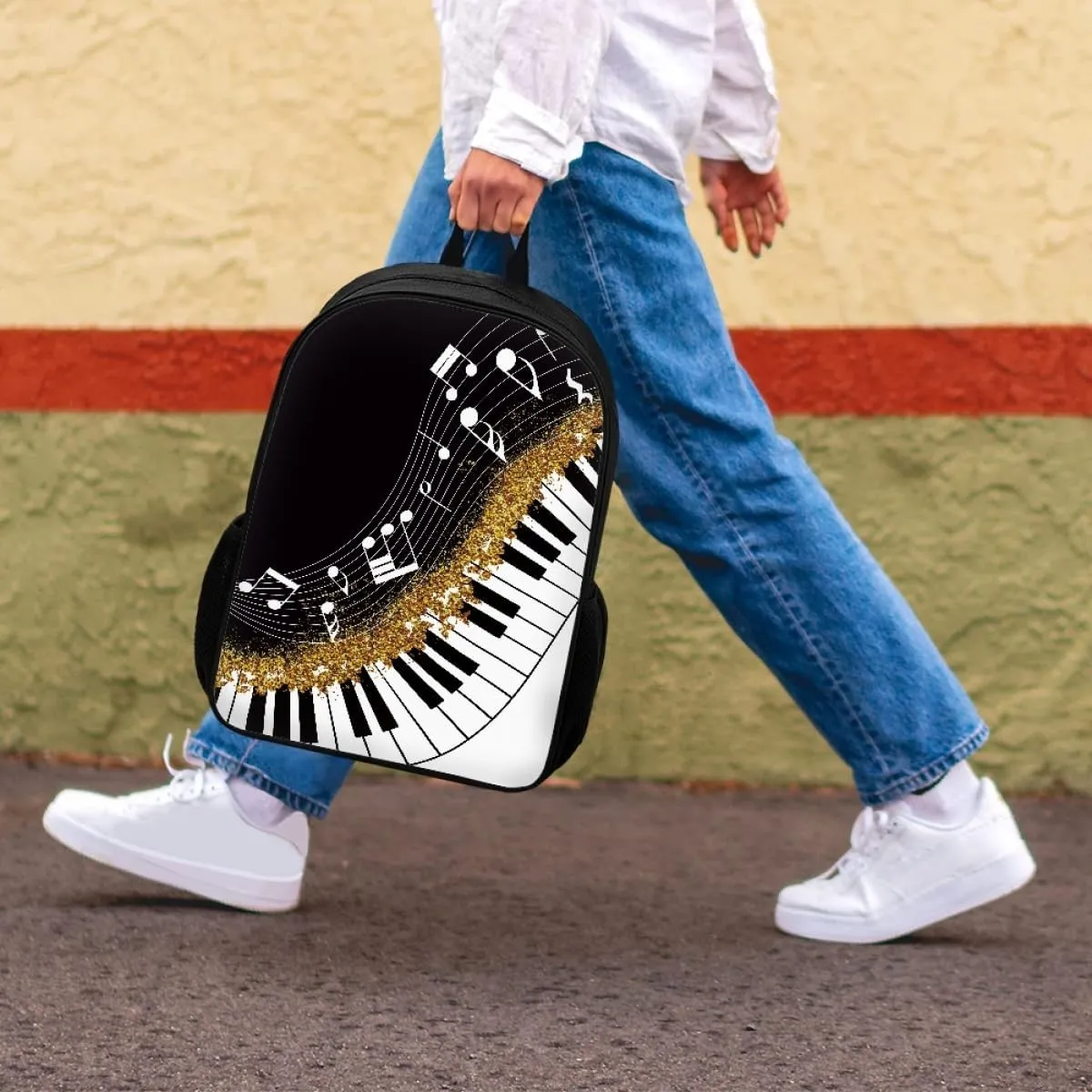 GLUDEAR Canvas Backpack Cute Black White Piano Keys Print Lightweight Teen Girls Backpacks School Book Bags,Music Notes