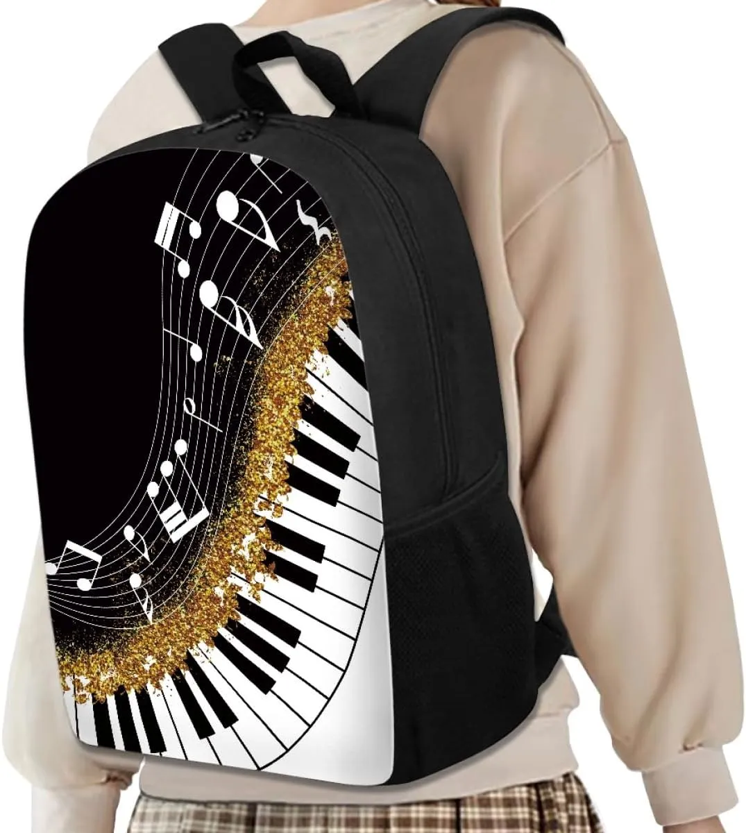 GLUDEAR Canvas Backpack Cute Black White Piano Keys Print Lightweight Teen Girls Backpacks School Book Bags,Music Notes