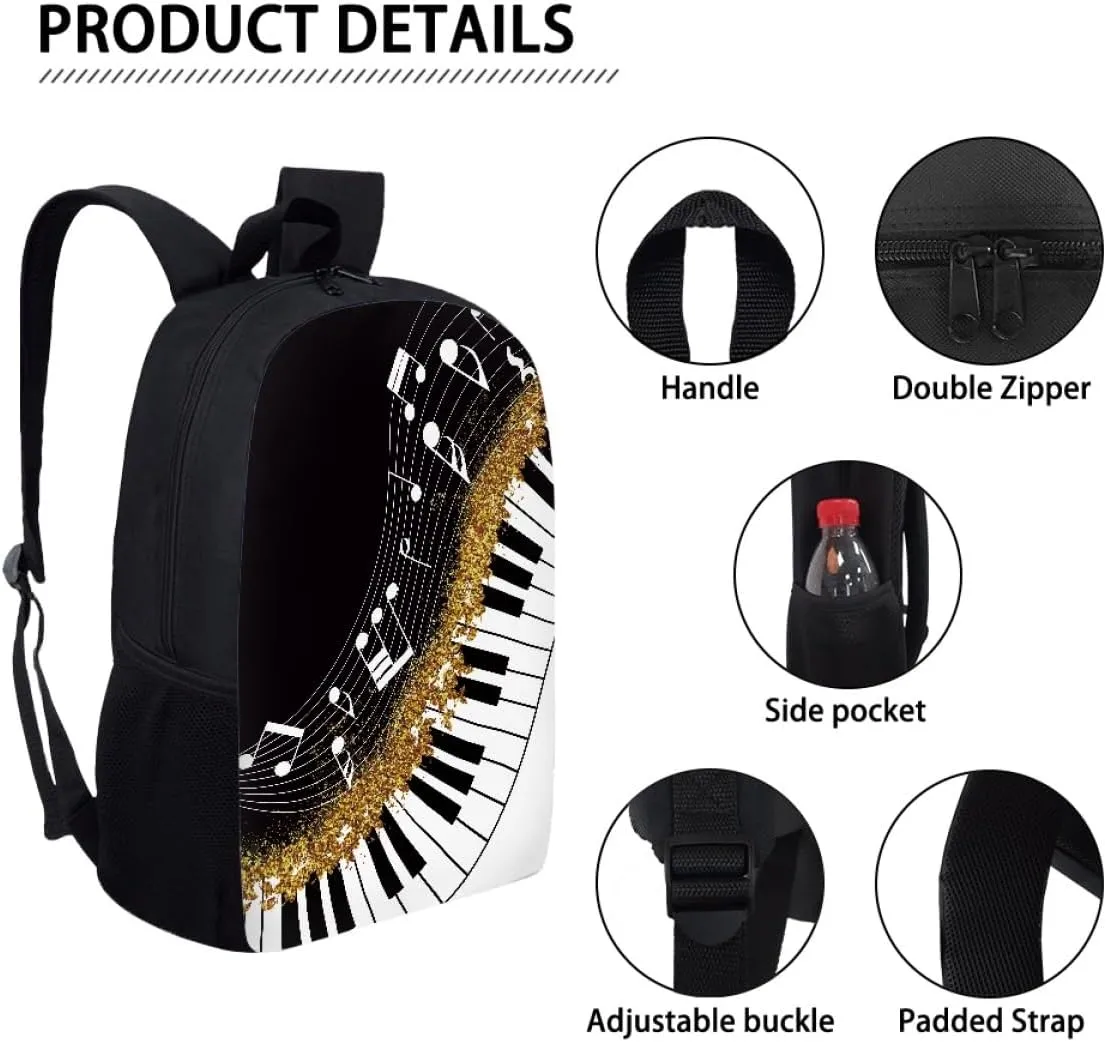 GLUDEAR Canvas Backpack Cute Black White Piano Keys Print Lightweight Teen Girls Backpacks School Book Bags,Music Notes