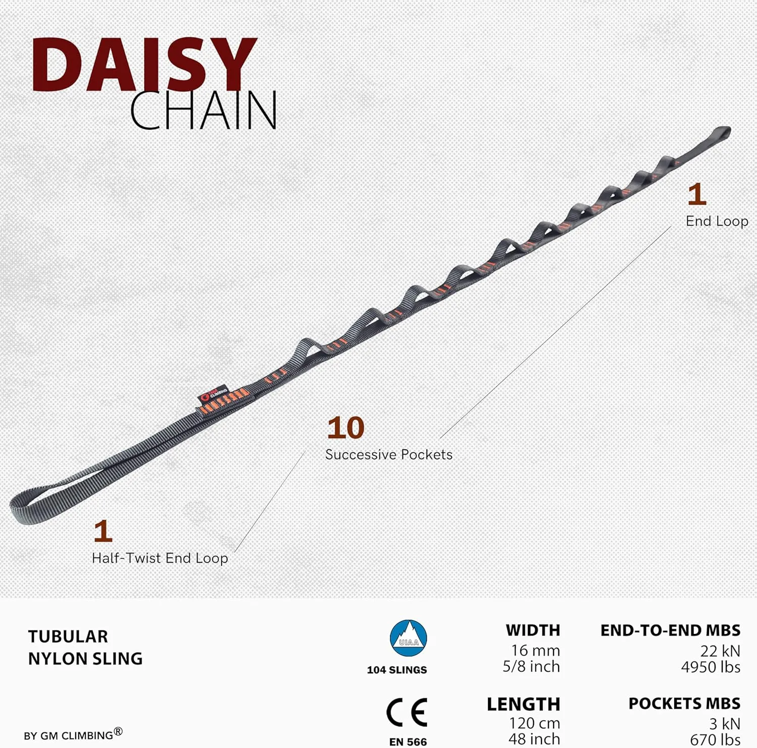 GM CLIMBING 16mm Nylon Daisy Chain Sling 22kN 120cm / 48in CE UIAA Certified for Leading Aid Climb Ascender Rigging Hammock Suspension
