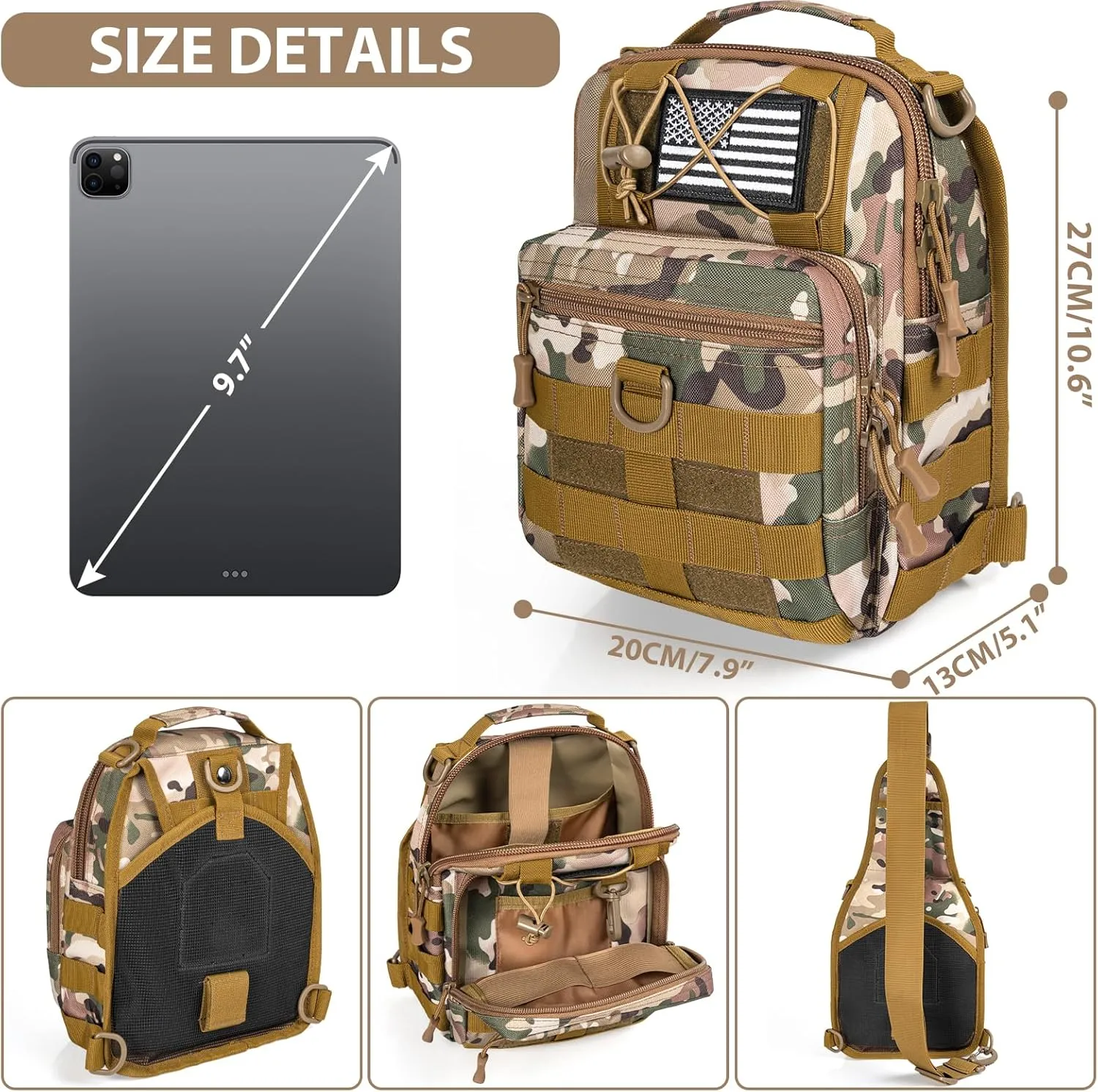 GMAK Tactical Sling Bag for Men, Small Tactical Shoulder Bag Backpack, Outdoor Military Rover Bags Travel Hiking Daypack, Tactical EDC Crossbody Chest Bag Pack for Hiking, Cycling, Hunting, Khaki Camo