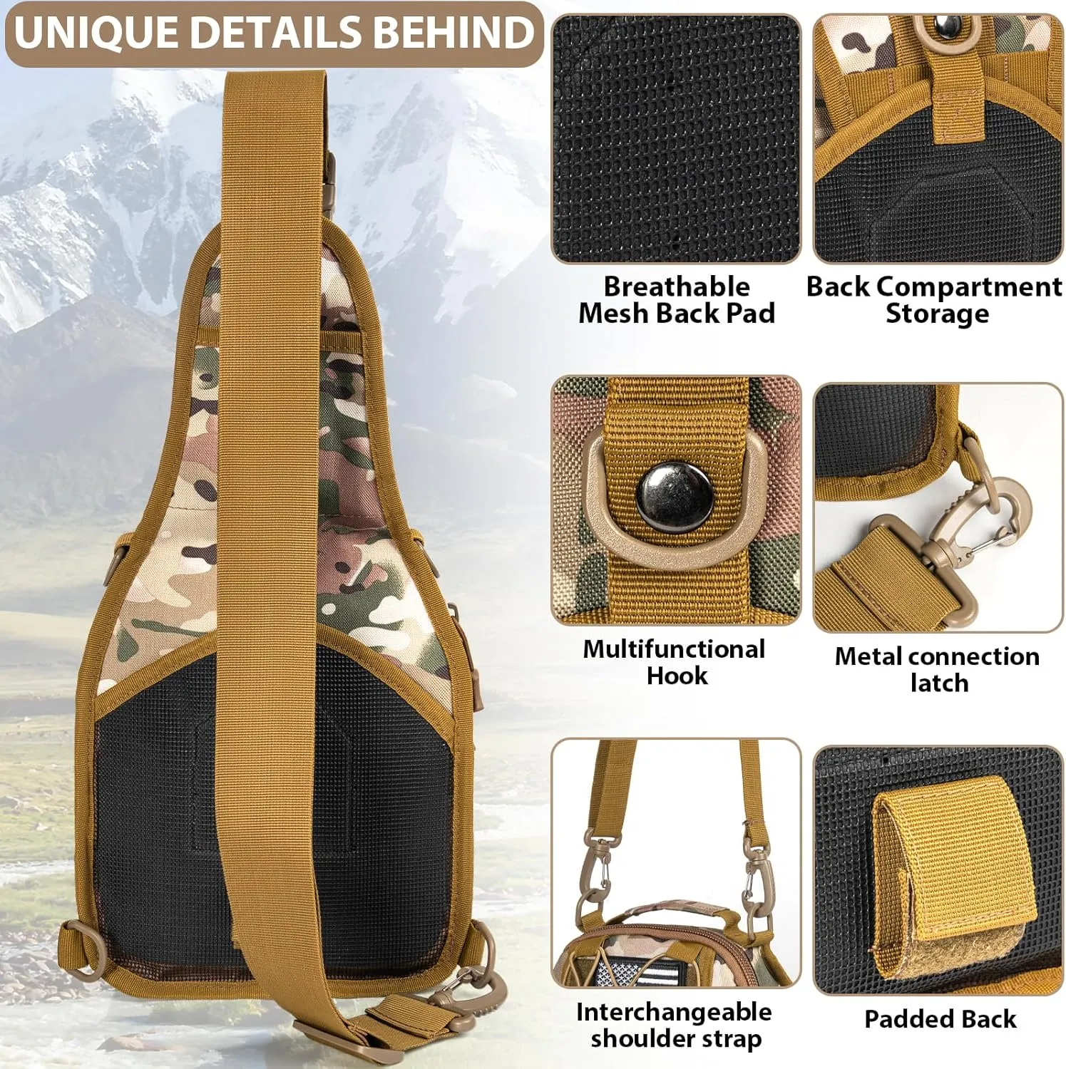 GMAK Tactical Sling Bag for Men, Small Tactical Shoulder Bag Backpack, Outdoor Military Rover Bags Travel Hiking Daypack, Tactical EDC Crossbody Chest Bag Pack for Hiking, Cycling, Hunting, Khaki Camo