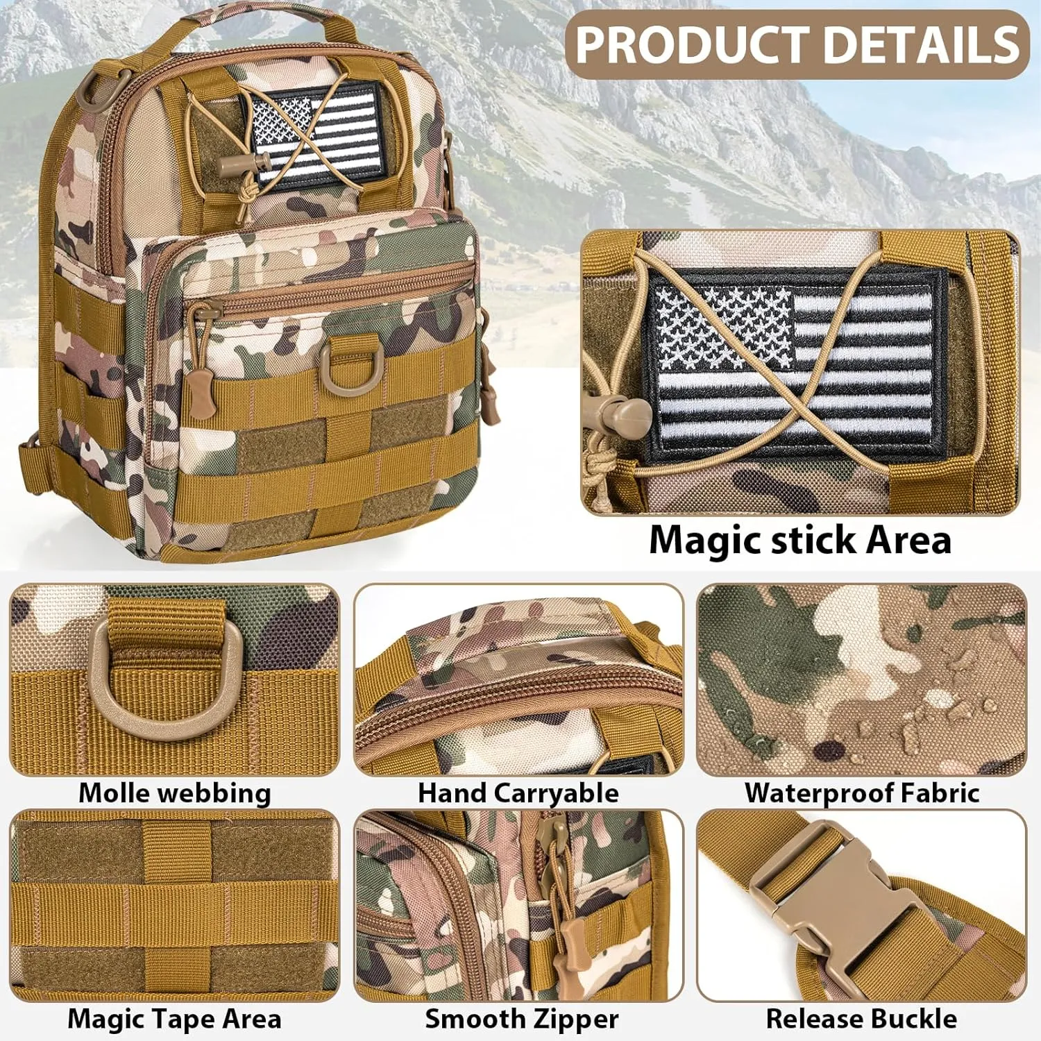 GMAK Tactical Sling Bag for Men, Small Tactical Shoulder Bag Backpack, Outdoor Military Rover Bags Travel Hiking Daypack, Tactical EDC Crossbody Chest Bag Pack for Hiking, Cycling, Hunting, Khaki Camo