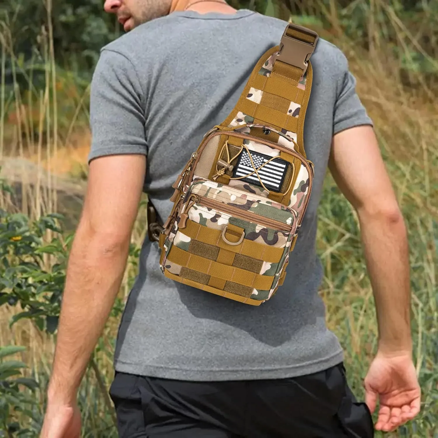 GMAK Tactical Sling Bag for Men, Small Tactical Shoulder Bag Backpack, Outdoor Military Rover Bags Travel Hiking Daypack, Tactical EDC Crossbody Chest Bag Pack for Hiking, Cycling, Hunting, Khaki Camo