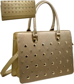Gold Rush 820W20SET-BG 2 Tones Rhinestone Studed Purse Wallet Set - Golden Beige