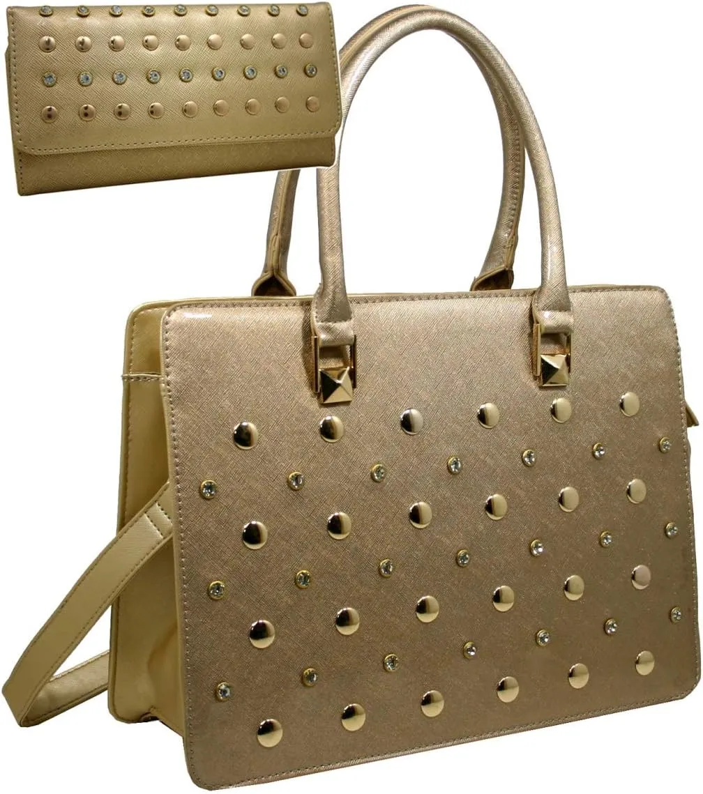 Gold Rush 820W20SET-BG 2 Tones Rhinestone Studed Purse Wallet Set - Golden Beige