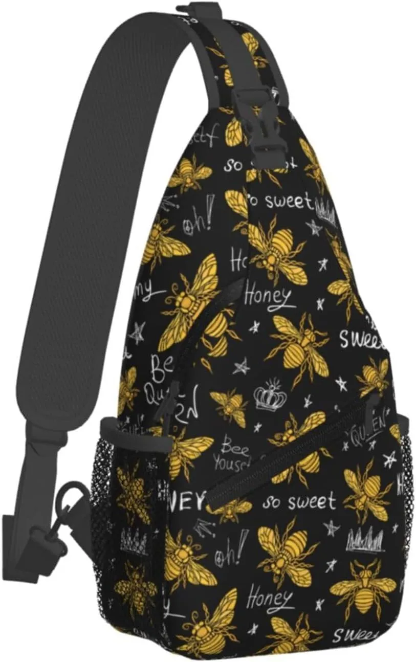 Golden Sweet Honey Bee Queen Cross Chest Bag Diagonally Hiking Crossbody Bag Travel Shoulder Daypack Lightweight Sling Backpack Cycling Daypacks Fitness Chest Backpacks