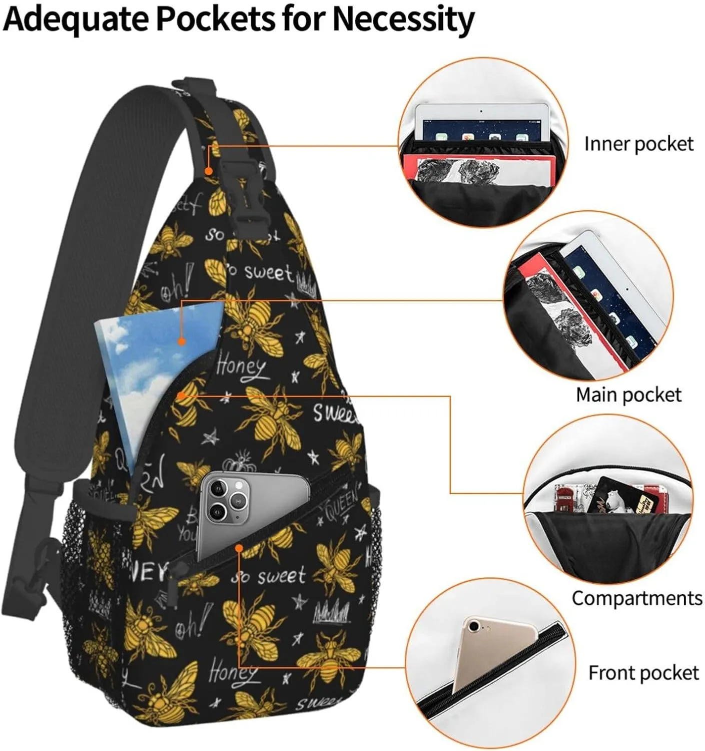 Golden Sweet Honey Bee Queen Cross Chest Bag Diagonally Hiking Crossbody Bag Travel Shoulder Daypack Lightweight Sling Backpack Cycling Daypacks Fitness Chest Backpacks