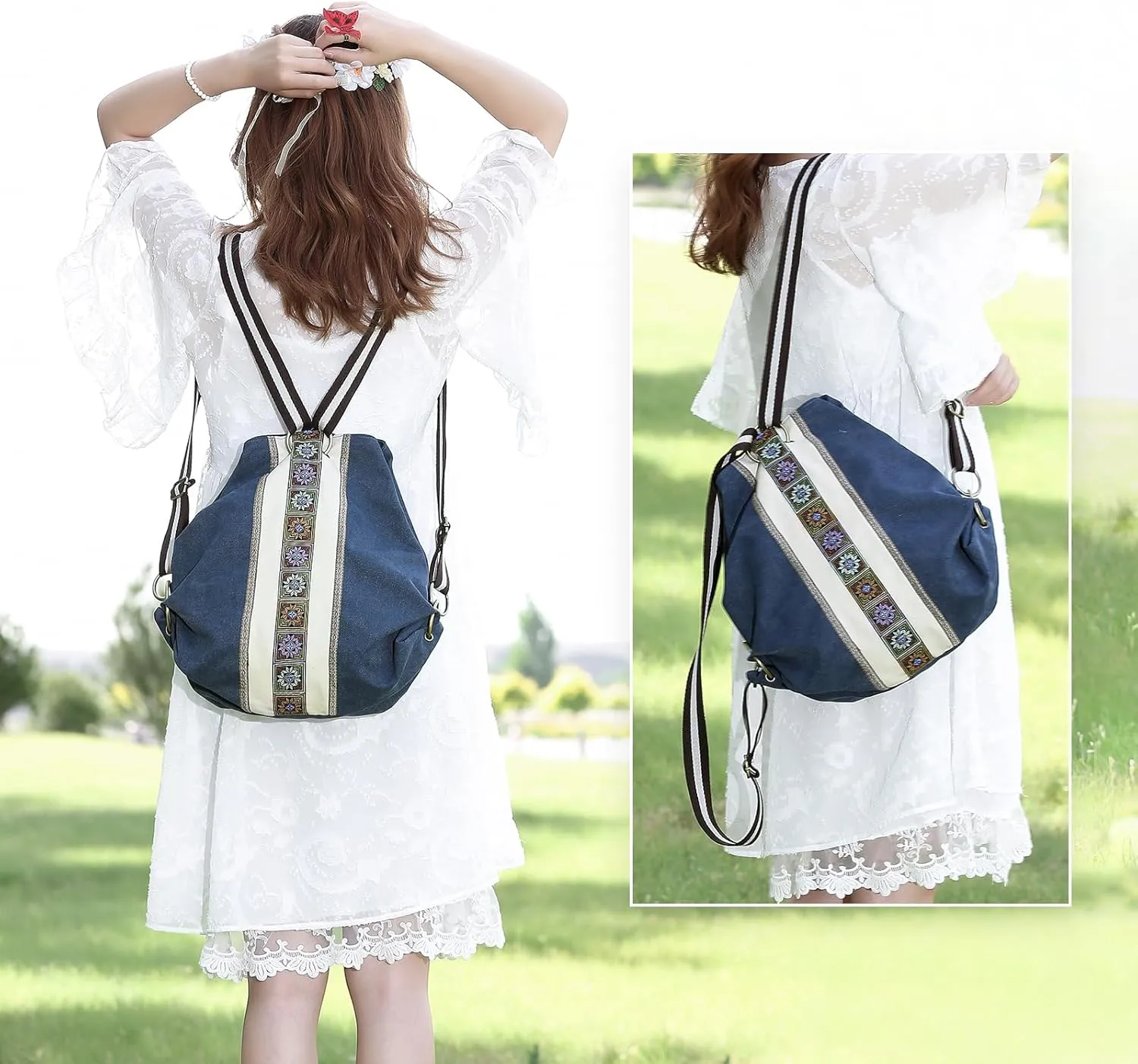 Goodhan Women Canvas Backpack Daypack Casual Shoulder Bag, Vintage Heavy-duty Anti-theft Travel Backpack (Dark Blue)