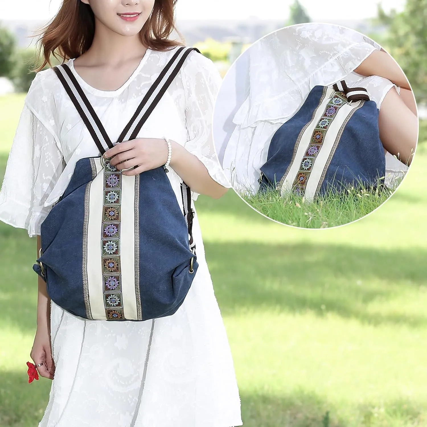 Goodhan Women Canvas Backpack Daypack Casual Shoulder Bag, Vintage Heavy-duty Anti-theft Travel Backpack (Dark Blue)