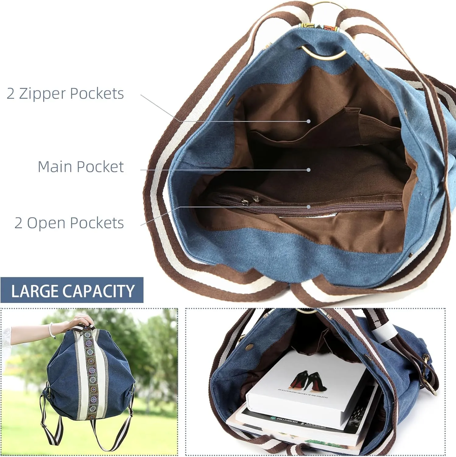 Goodhan Women Canvas Backpack Daypack Casual Shoulder Bag, Vintage Heavy-duty Anti-theft Travel Backpack (Dark Blue)