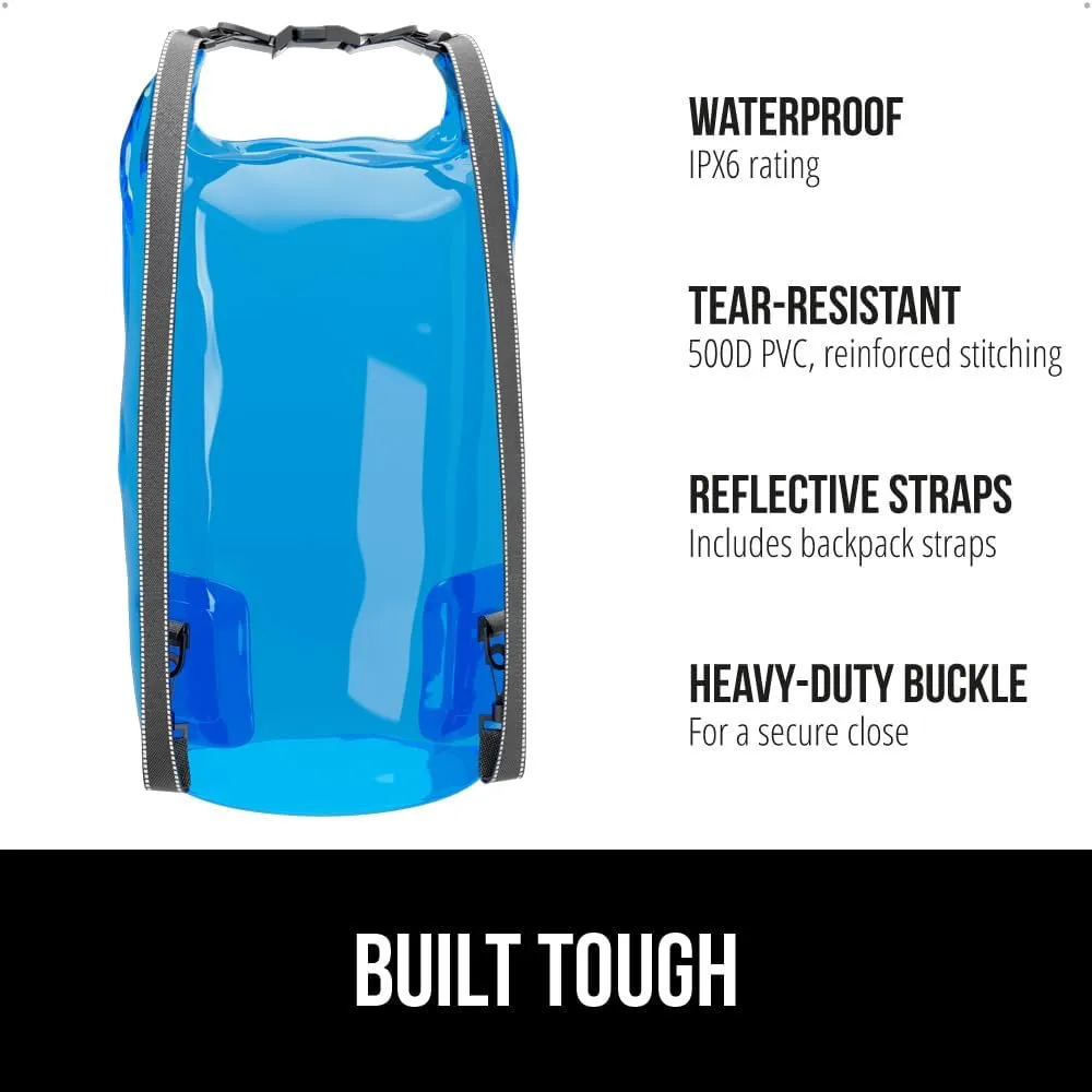 Gorilla Gear Heavy Duty 100% Waterproof IPX 6 Dry Bag, Tear and Puncture Resistant Bags Kayaking Boating Hiking Camping Swimming Water Sports, Lightweight Outdoor Wet Storage Backpack, 30L Clear Blue