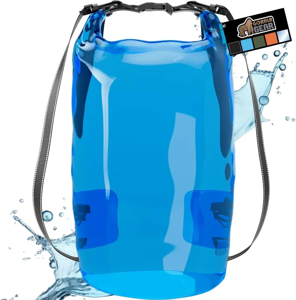 Gorilla Gear Heavy Duty 100% Waterproof IPX 6 Dry Bag, Tear and Puncture Resistant Bags Kayaking Boating Hiking Camping Swimming Water Sports, Lightweight Outdoor Wet Storage Backpack, 30L Clear Blue