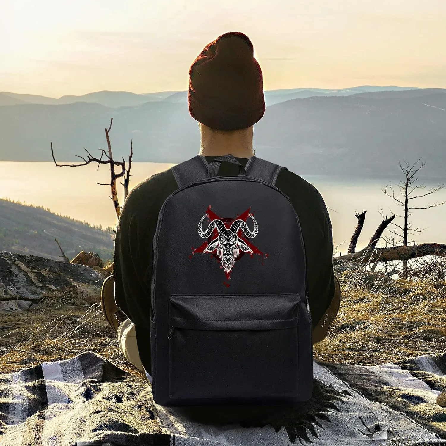 Goth Baphomet Pentagram Satanic goat head Unisex Classic Canvas Goth Backpack for School Bookbag