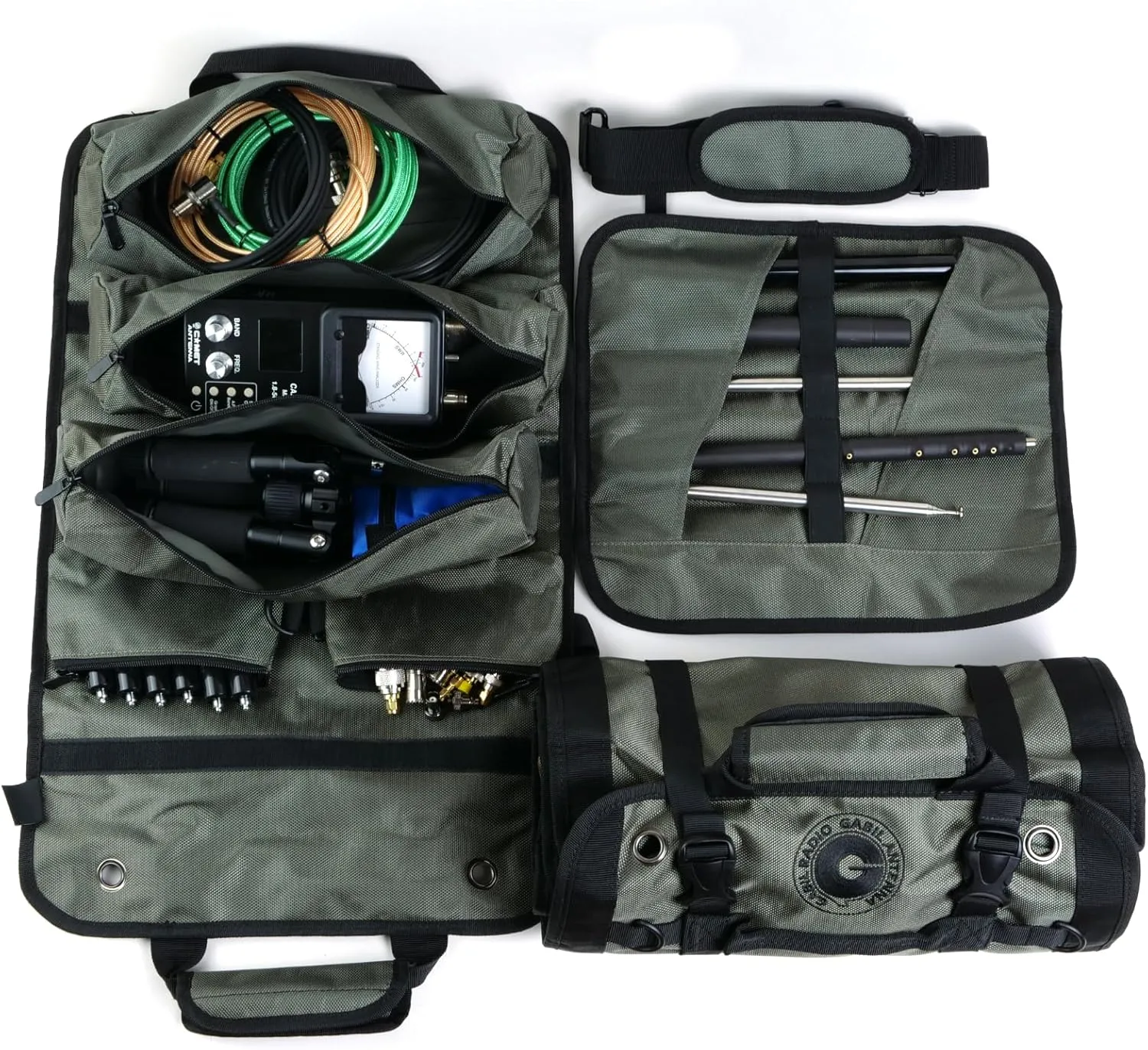 GR-ARB01 (Army Green) Versatile Antenna Roll Bag, 1680D Oxford Cloth with Modular Hook and Loop Fastener Pockets, Portable Water-Resistant Organizer for Ham Radio Antenna Coils, Whips, and Tools