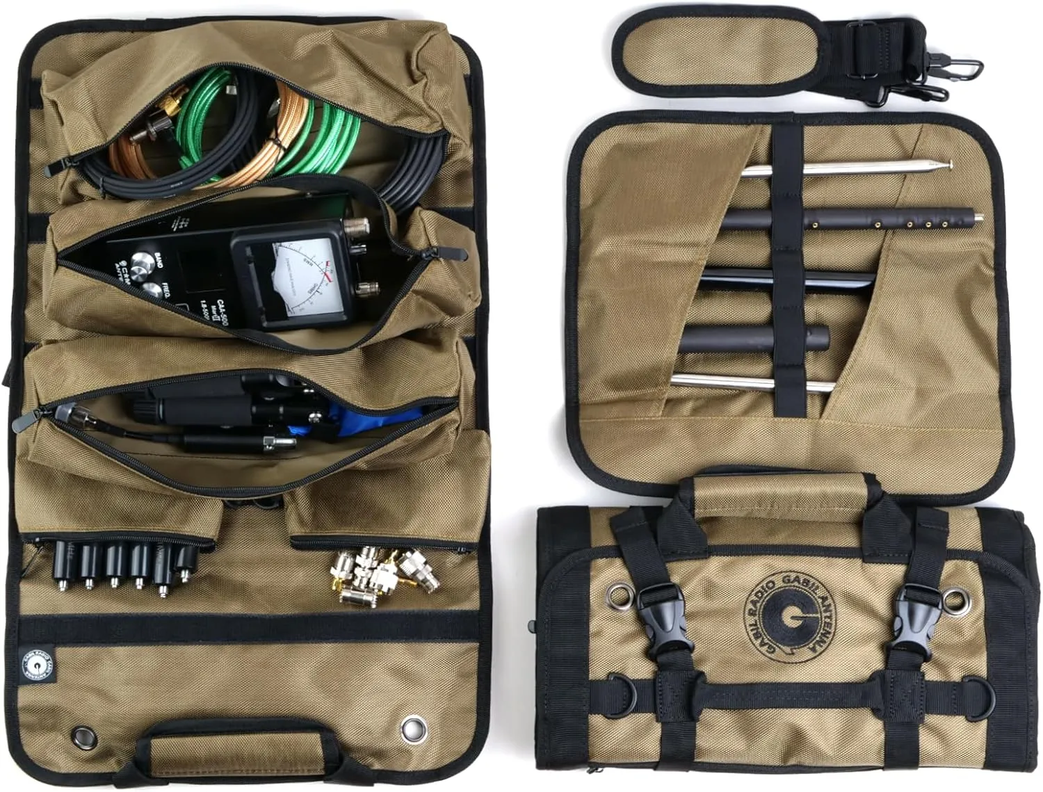 GR-ARB01 (Brown) Versatile Antenna Roll Bag, 1680D Oxford Cloth with Modular Hook and Loop Fastener Pockets, Portable Water-Resistant Organizer for Ham Radio Antenna Coils, Whips, and Tools