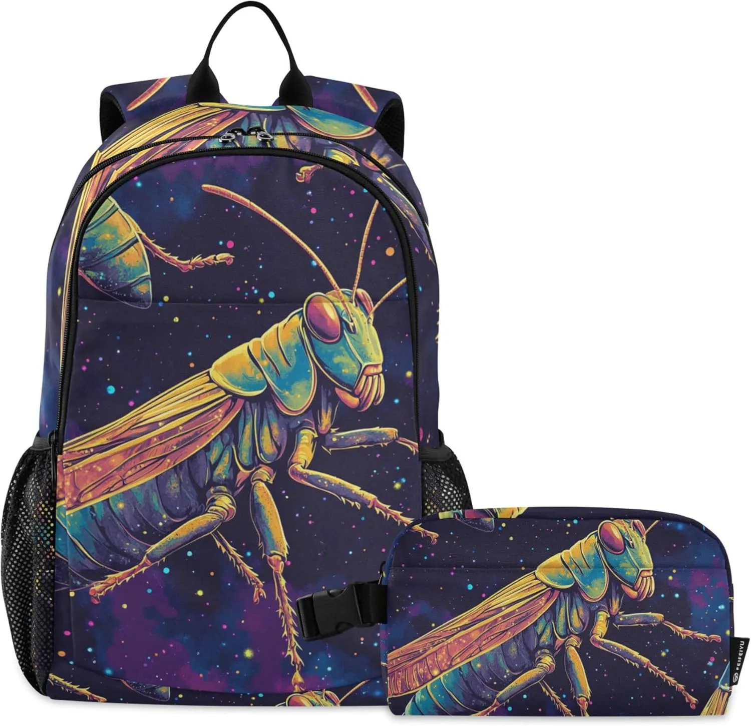 Grasshopper Galaxy Backpack with Lunch Bag, Travel School Backpack for Boys Girls Kids Backpacks Set