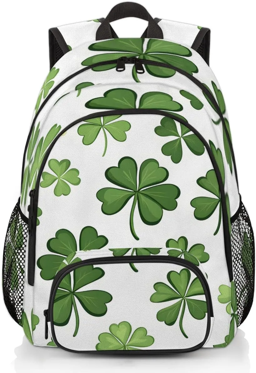 Green Clover Print Backpack for Women Men Travel Casual Daypack Laptop iPad Tablet Shoulder Bag Lightweight Backpack with Multiple Pockets