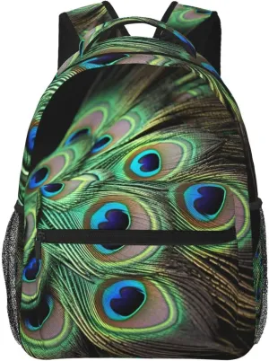 Green Peacock Feather Backpack Lightweight Laptop Backpack Travel Rucksack for Men Women Canvas Daypack