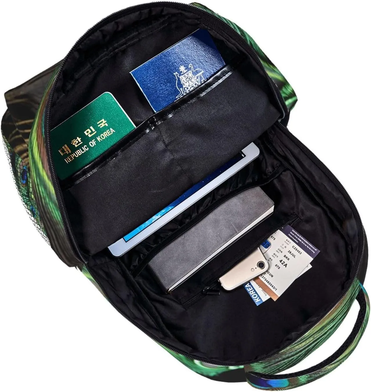 Green Peacock Feather Backpack Lightweight Laptop Backpack Travel Rucksack for Men Women Canvas Daypack