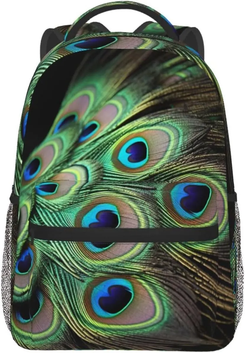 Green Peacock Feather Backpack Lightweight Laptop Backpack Travel Rucksack for Men Women Canvas Daypack
