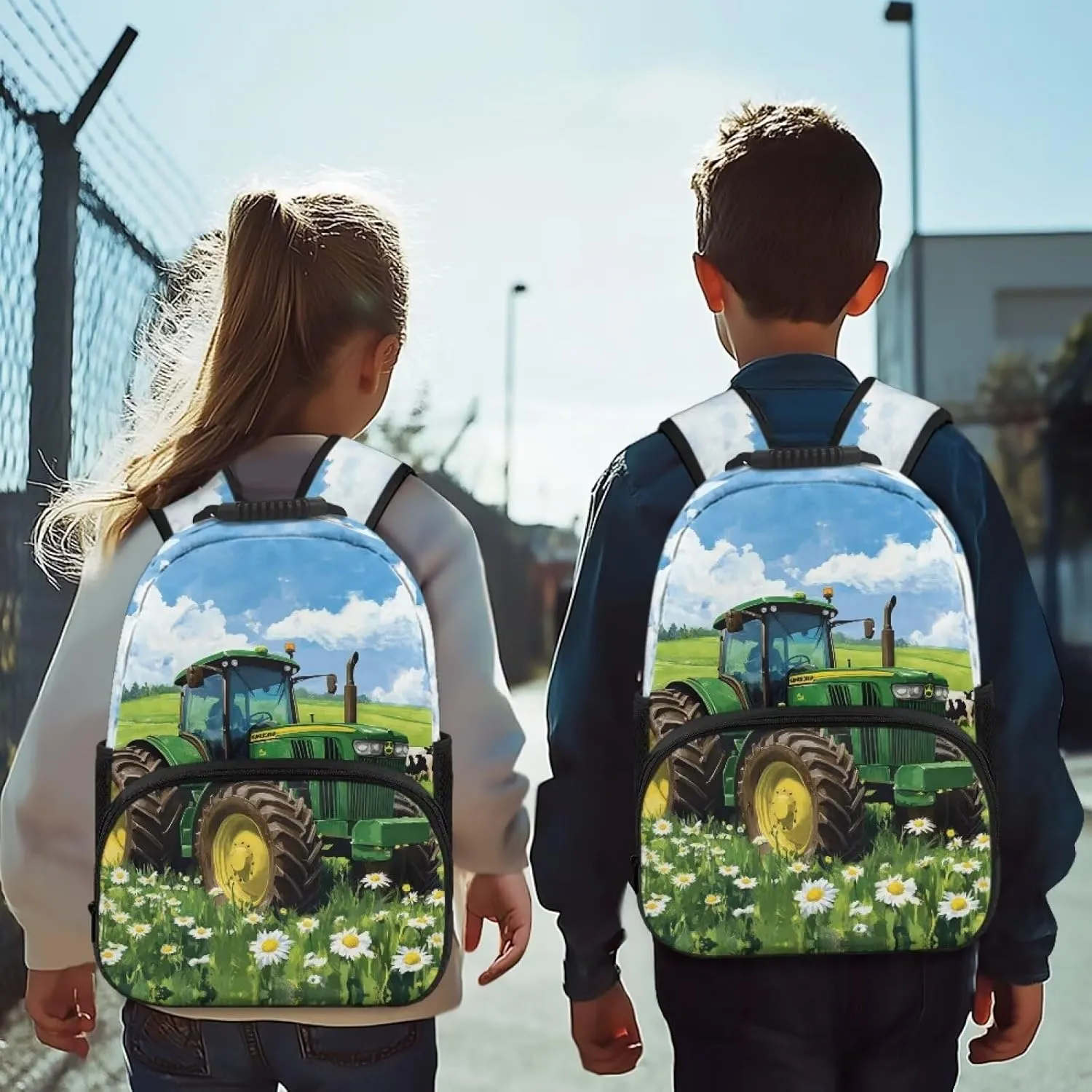 Green Preschool Boys Backpack Tractor Bookbag for Boys Ages 3-6 Large Capacity School Bag for Kids with 2 Side Pockets for Kindergarten Travel Outdoor