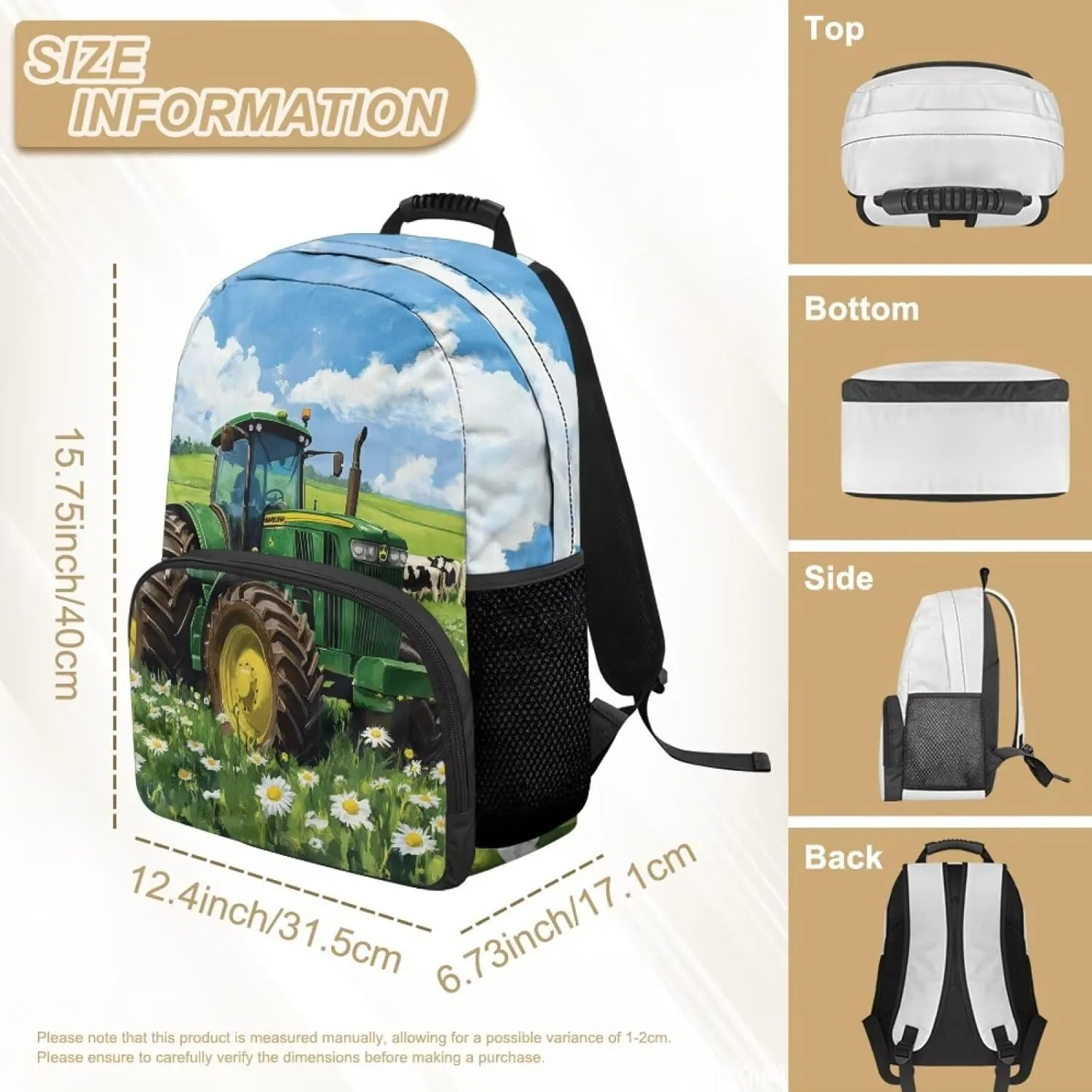 Green Preschool Boys Backpack Tractor Bookbag for Boys Ages 3-6 Large Capacity School Bag for Kids with 2 Side Pockets for Kindergarten Travel Outdoor