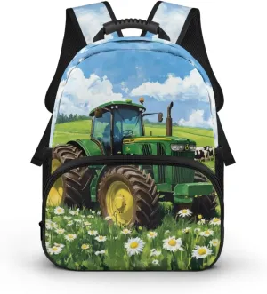 Green Preschool Boys Backpack Tractor Bookbag for Boys Ages 3-6 Large Capacity School Bag for Kids with 2 Side Pockets for Kindergarten Travel Outdoor